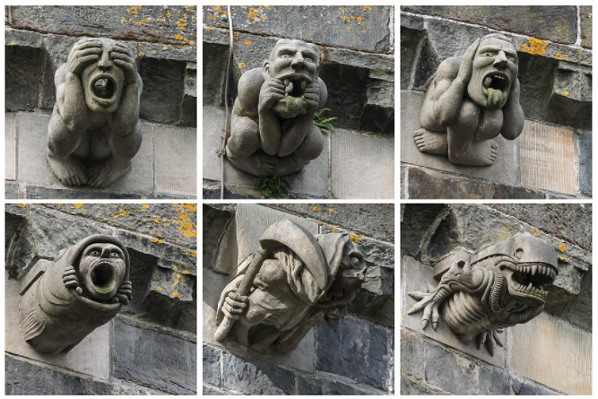 Former Gargoyles of Paisley Abbey, including see no evil, hear no evil, and speak no evil gargoyles. Found at Wikimedia Commons.