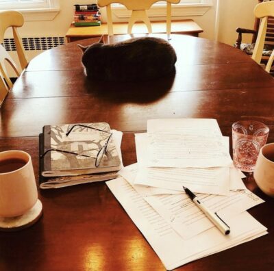 Image shows a marked-up draft with a pen on top in foreground, alongside notebooks, a mug, and a glass, all on a long dining table. In the distance, a cat lies at the other end of the table and a stack of books is visible in front of another table in front of a window.
