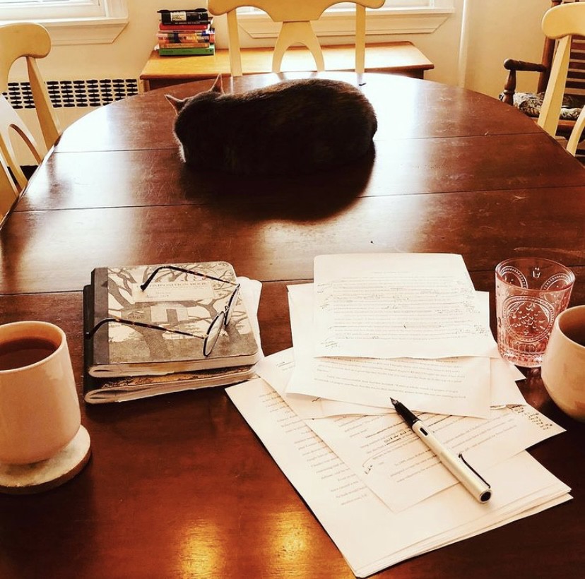 Image shows a table with draft pages, several notebooks, a glass of water, two cup of coffee, and a cat.