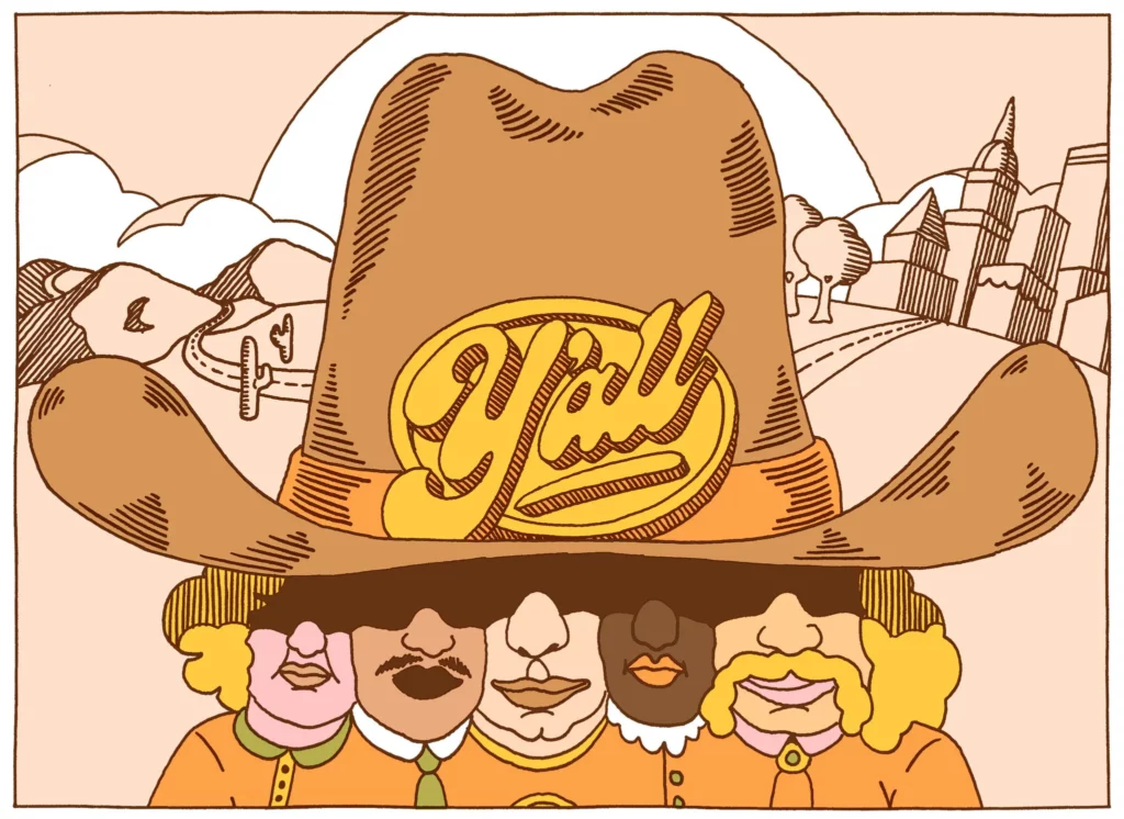 Image shows the bottoms of several faces, some white, some brown, some Black, gathered under a cowboy hat with the word "Y'all" on it.