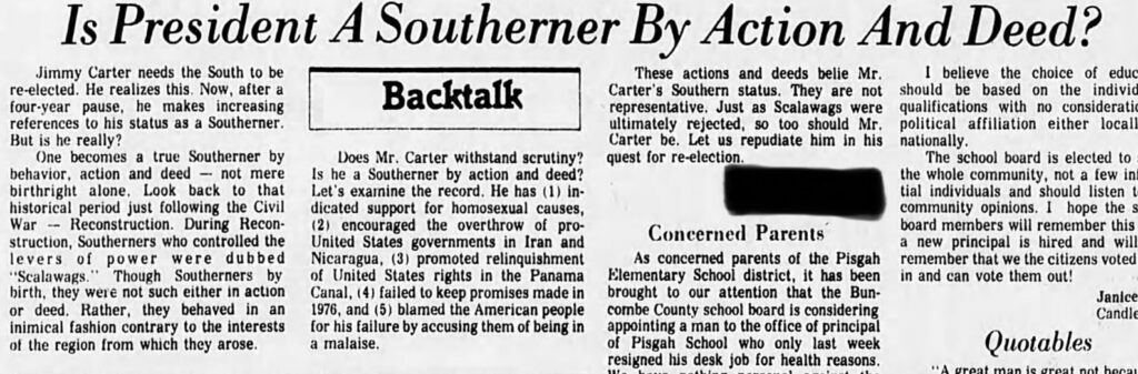 Image of an opinion letter published in the Asheville Citizen-Times under the headline "Is President A Southerner By Action And Deed?" and referring to then-President Jimmy Carter as a "Scalawag."
