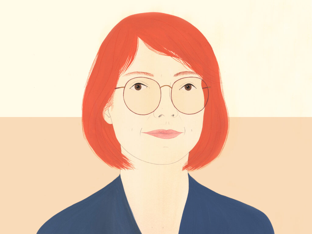 Image shows an illustration of Maud Newton, a white woman with red hair and glasses.