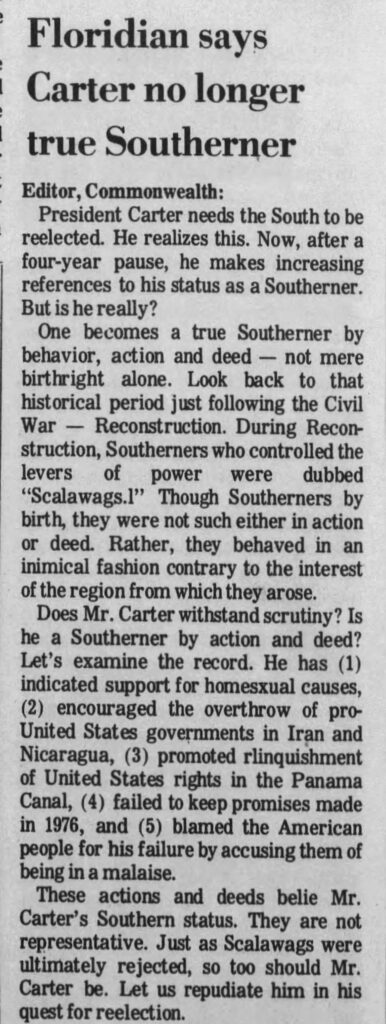 Image of an opinion letter published in the Greenwood Commonwealth under the headline "Floridian says Carter no longer true Southerner" and referring to then-President Jimmy Carter as a "Scalawag."