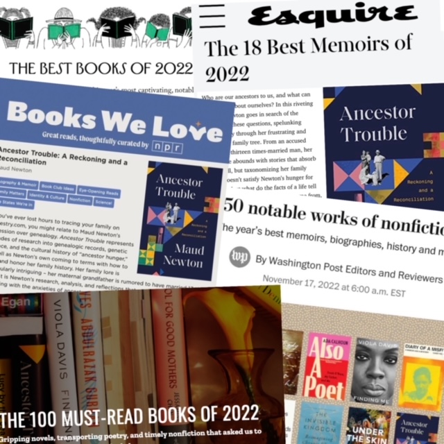 Image shows a collage of "best of 2022" book lists from The New Yorker, NPR, The Washington Post, Time, and Esquire that include Ancestor Trouble