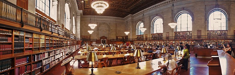 Image shows the reading room of the New York Public Library and is taken from Wikimedia Commons at the following link: https://commons.wikimedia.org/wiki/File:New_York_Public_Library_04.jpg