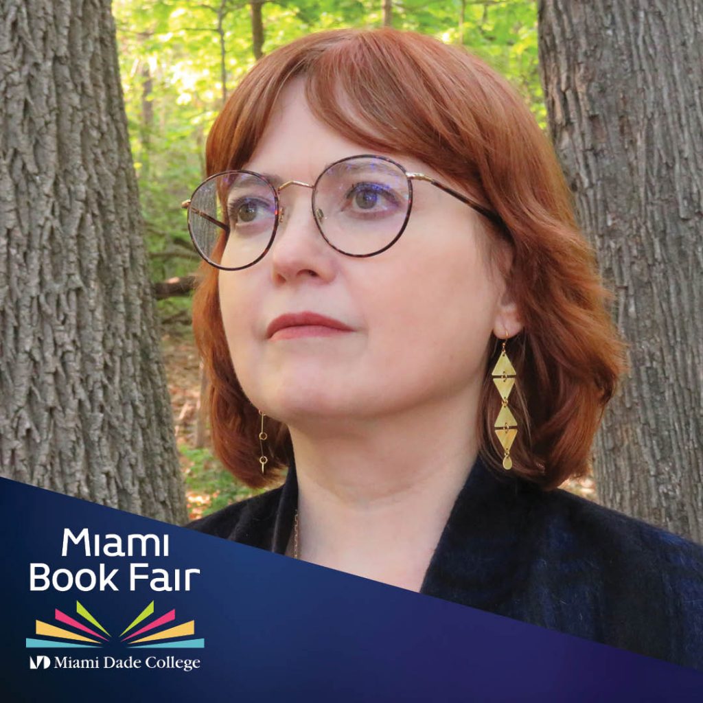 Image shows the writer Maud Newton in front of trees with the logo "Miami Book Fair, Miami Dade College."