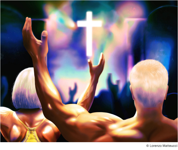 Image shows muscled elderly femme and masc people from behind, lifting their hands in praise, with a cross in the background. The photographer credit is (c) Lorenzo Matteucci.