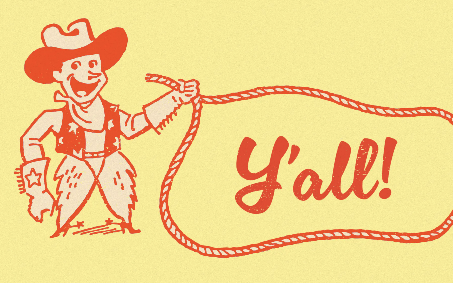 Image shows the word "y'all" inside a lasso held by a cartoon cowboy