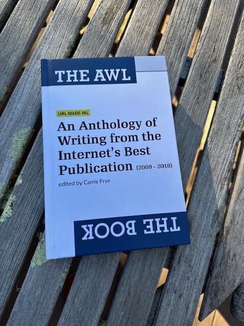 A view from above of cover of The Awl The Book: An Anthology of Writing From the Internet's Best Publication, on a patio table.