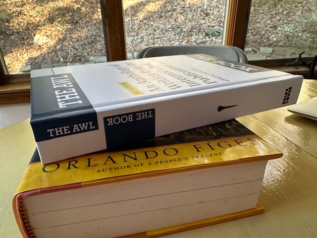 A view from the side of The Awl: The Book, edited by Carrie Frye. The book is resting in front of a window on top of another book.