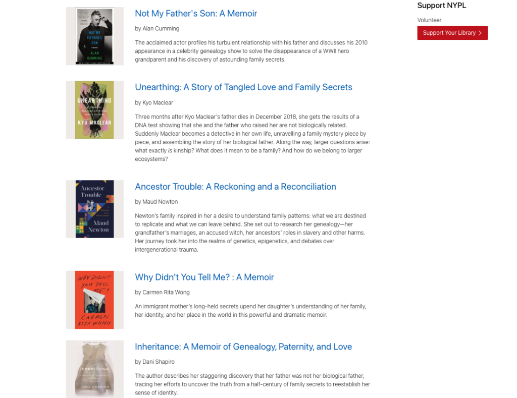 Image shows a recommendation for Maud Newton's Ancestor Trouble alongside memoirs by Alan Cumming, Kyo Maclear, Carmen Rita Wong, and Dani Shapiro.